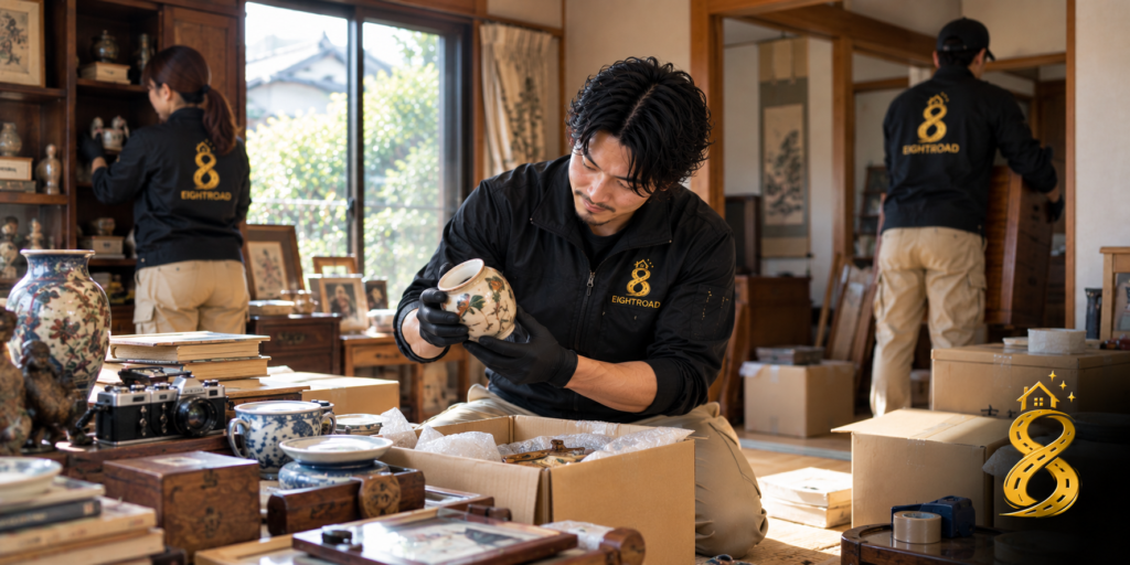 京都の実家で家財や思い出の品を整理・仕分けしている様子