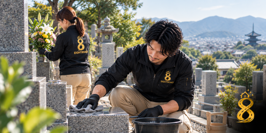 京都でお墓の清掃とお花のお供えを行うお墓参り代行の様子